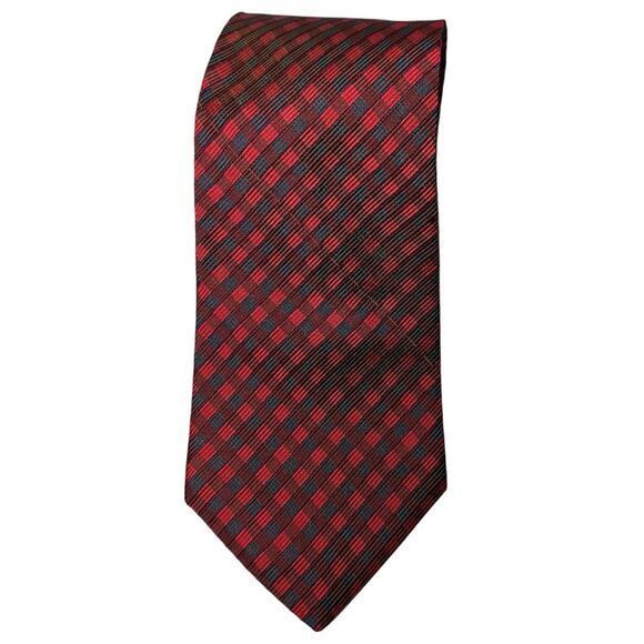 Brad Lauter Vintage Men’s Red Burgundy Plaid Silk Neck Tie - Picture 1 of 9